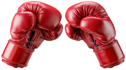 Red Boxing Gloves: A pair of brand-new, vibrant red boxing gloves poised for a fight, with their laces tied and ready to unleash power. They are ready to deliver a knockout punch in the ring.  