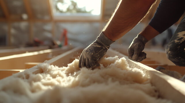 A construction worker securing insulation at a building site. Featuring detail and protection