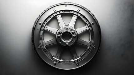 Metallic flywheel with intricate gear teeth and radial spoke des