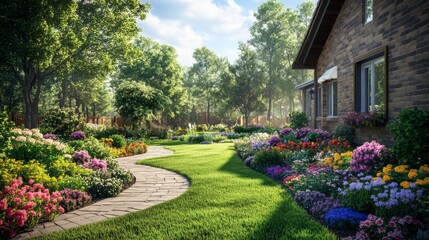 Colorful Flower Garden Path Beside Brick House