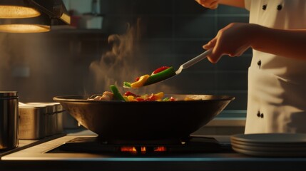 A chef flipping vegetables in a wok in a restaurant kitchen. Featuring skill and speed