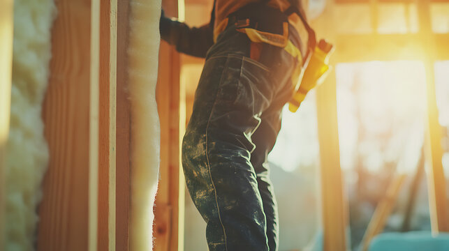 A construction worker securing insulation at a building site. Featuring detail and protection