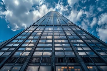 A low angle view of a Chicago skyscraper reaching towards the clouds on a bright day, Capture the beauty of Chicago's iconic skyscrapers reaching up towards the clouds