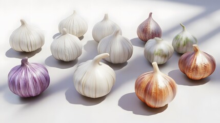 Fototapeta premium Close-up shot of various garlic bulbs arranged on a white surface. Different colors and sizes showcase the variety of garlic available. Soft lighting enhances the textures.