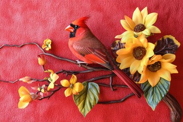 Vibrant cardinal perched amidst autumnal blooms.