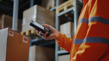 Warehouse worker scanning packages for inventory tracking. Featuring technology and efficiency