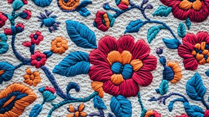 Colorful floral embroidery textile close-up