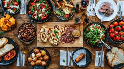 A Lavish Feast: Overhead Shot of a Rustic Wooden Table Loaded with Delicious Food