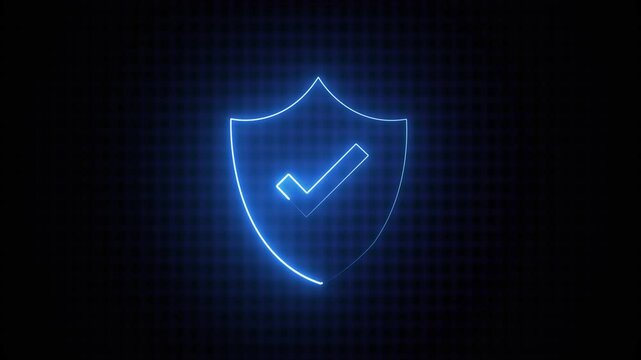 abstract glowing Neon shield tick mark icon animation on black background.