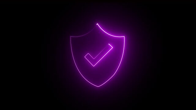 abstract glowing Neon shield tick mark icon animation on black background.