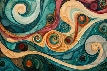 An abstract artwork featuring swirling colors and shapes in shades of blue, green, yellow, orange, and red, An abstract pattern of swirling colors and shapes