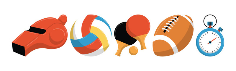 Various sports equipment are represented through vector icons in a flat and simple cartoon style, ideal for sport-themed designs.