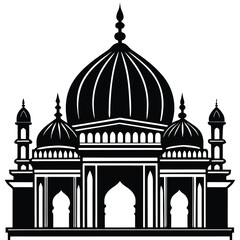 Black and White Silhouette of a Mosque with Domes and Minarets, Islamic Architecture
