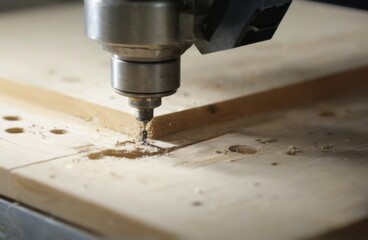 CNC machine cutting wood with drill bit, industrial setting, closeup view, black and silver colors, wooden surface.
