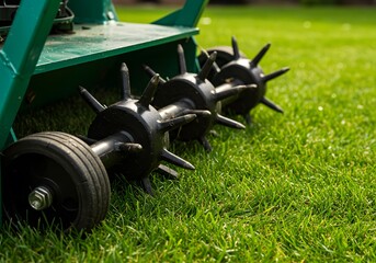 Lawn aerator machine, close-up view, sharp metal spikes, lush green grass, sunlit lawn, Garden roller aerator perforating grass turf for improved drainage and root growth, garden maintenance