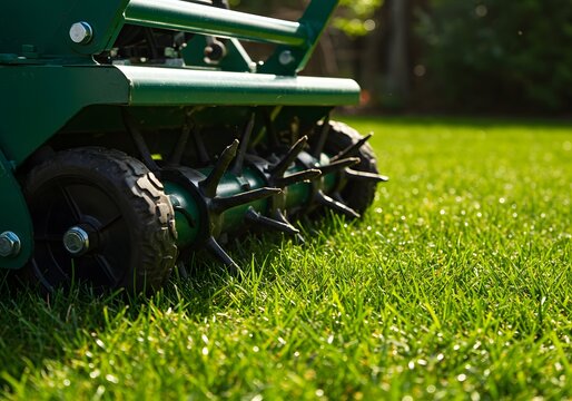 Lawn aerator machine, close-up view, sharp metal spikes, lush green grass, sunlit lawn, Garden roller aerator perforating grass turf for improved drainage and root growth, garden maintenance