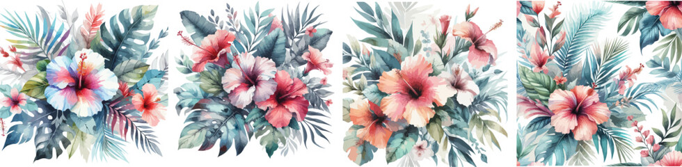 abstract hibiscus and tropical foliage painted in watercolor. A hand-drawn summer floral background wallpaper. Hibiscus textile design vector illustration