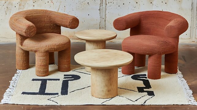 Unique furniture arrangement featuring terracotta chairs and round minimalist tables