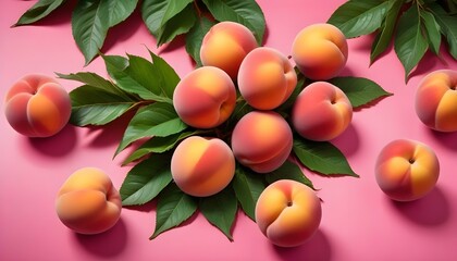 Ripe juicy peaches and green leaves on a pink background with place for text.
