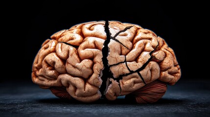 Broken brain, fractured mind, dark background, medical illustration