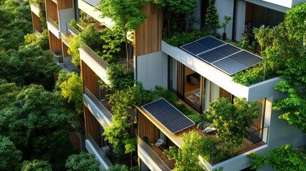 Fototapeta premium Green urban residential complex promoting sustainable living with solar-powered amenities and electric vehicle charging,