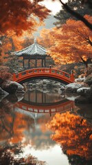 Fototapeta premium Tranquil autumn scene featuring a red bridge over a serene pond surrounded by vibrant foliage