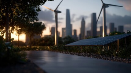 Fototapeta premium Urban park with solar panels, wind turbines, and city skyline at sunset