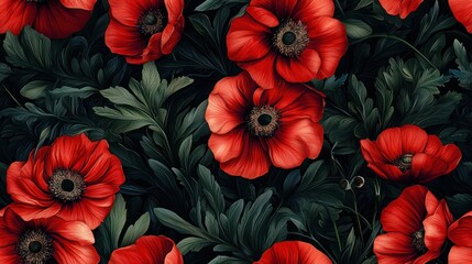 Realistic Floral Background with Vibrant Red Anemones and Lush Green Foliage for Stunning Visual Appeal