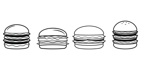 Set of burger with all the layers stack coloring page for kids isolated on white background 
