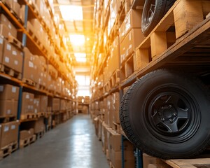 Fototapeta premium Rows of boxes and tires stored in a large warehouse setting