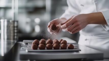 A chocolatier handcrafting artisanal truffles in a gourmet kitchen. Featuring precision and indulgence