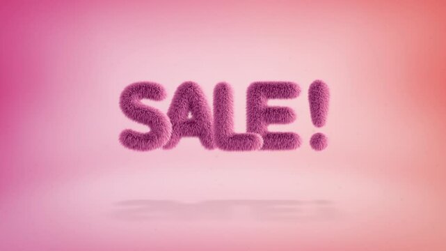 Sale text of 3D pink fluffy letters on a simple gradient background with particles. Looped animation