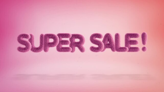 Super sale text of 3D pink fluffy letters on a simple gradient background with particles. Looped animation