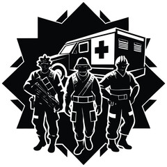 Emergency Response Team Black and White Illustration, Ambulance, Soldiers, Rescue