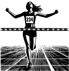 Woman runner crossing the finish line.  Silhouette of athletic looking female runner running. Transparent PNG version.