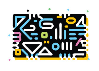 Modern Memphis Tech Pattern – Neon Geometric Circuit Design on Dark Background