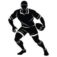 Naklejka premium Black vector silhouettes illustrate football, soccer, and rugby players in action, running for the ball in a team sport game