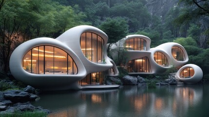 Modern Organic Architecture House by Lake at Night