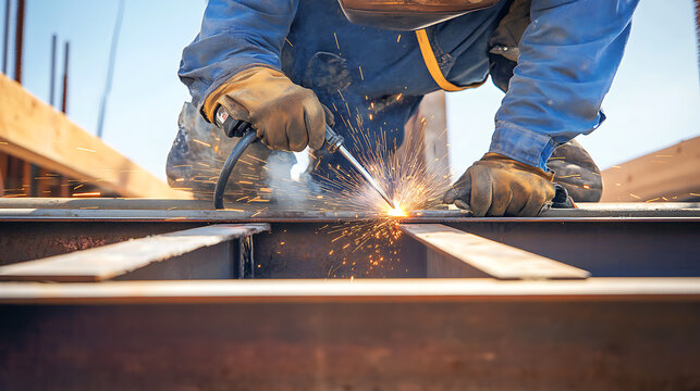 A construction worker welding metal beams together. Featuring craftsmanship and safety - Powered by Adobe