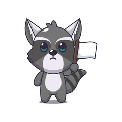 Cute raccoon cartoon vector illustration with white flag