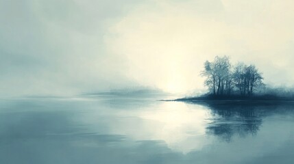 Fototapeta premium Serene Misty Lake Sunrise with Silhouetted Trees