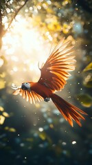 Vibrant Scarlet Macaw in Flight Amidst Lush Greenery and Sunlight Filtering Through Trees