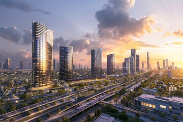 Modern Skyline at Sunset Showcasing Traditional Topaz Fusion in Dubai, A modern skyline showcasing a fusion of traditional and contemporary architectural styles