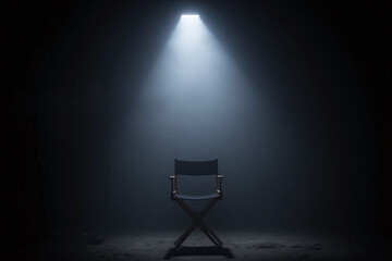 directors chair in a dark room with spotlights