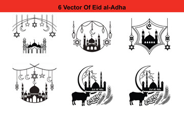 Eid Al Adha mubarak greeting card with cute sheep, moon, lantern and stars. Vector
