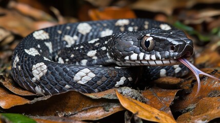 Fototapeta premium A coiled black snake with white markings and its tongue out