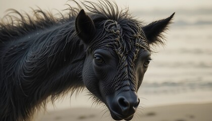 Fototapeta premium Close-up portrait of a young black horse on a beach at sunset, with sand stuck in its wet mane and coat.