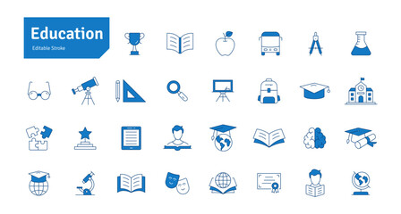 Education Blue Line Icons Set. E-Learning, School, College, Study, Knowledge, Calculator, Graduation, Teaching Icons Editable Stroke Vector Illustration