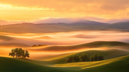 Obraz premium Golden Hour Serenity: Misty Rolling Hills at Sunrise