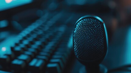 Microphone centered in frame with dynamic backlight reflections from gaming gear